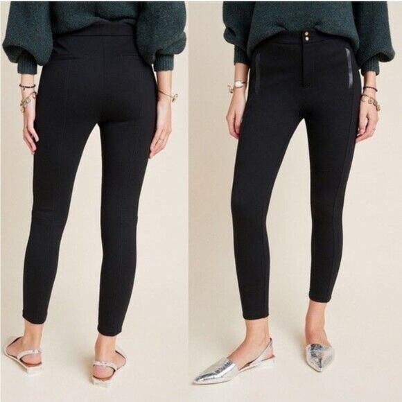 Anthropologie essential slim black tapered Ponte pants faux leather trim - Picture 1 of 9